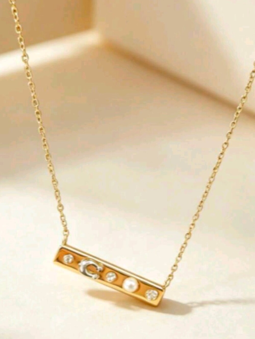 Fashion Jewelry Gold Bar Necklace with Crystal and Pearl Accents